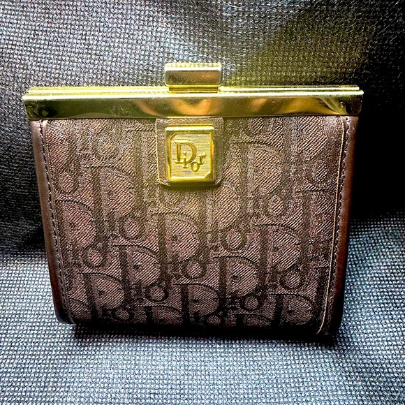 Christian Dior Monogram Kiss-Lock Brown Diorissimo Wallet France Rare 70s CD - Picture 2 of 9
